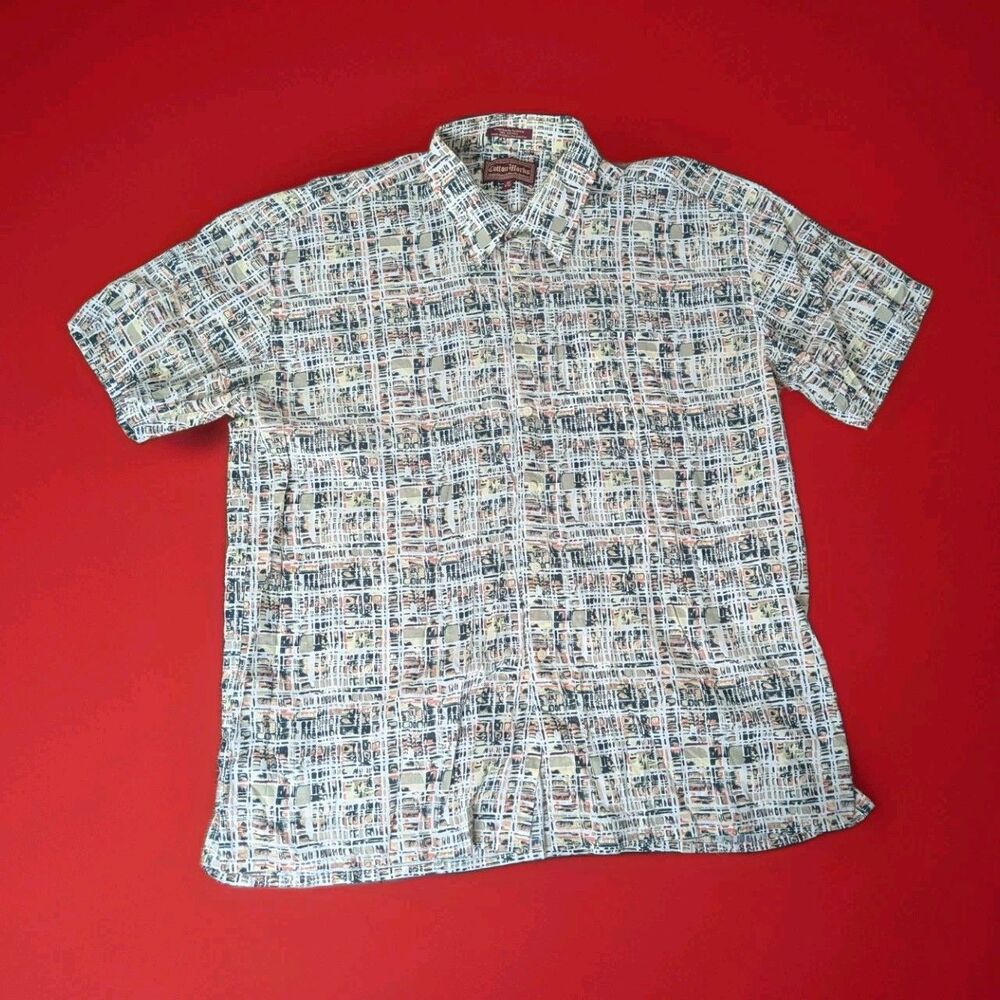 Cotton Works Shirt Men's 2X Single Stitch Button Up White Beige‎ Tan Abstract